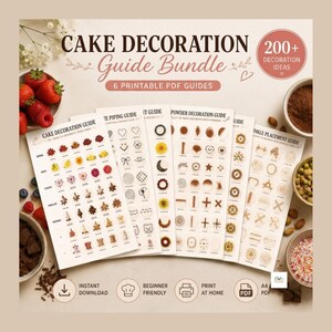 May include: A bundle of six printable PDF cake decoration guides featuring the text Cake Decoration Guide Bundle and 200+ Decoration Ideas. The guides display various illustrations of piping techniques, fruit, flowers, chocolate, and sprinkles.