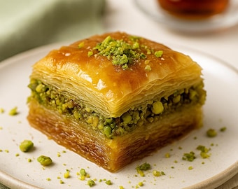 Receita tradicional turca de baklava | Sobremesa autêntica em camadas com pistache | Download em PDF para imprimir | Doce mediterrâneo