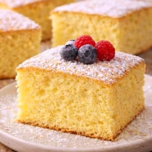 Puede incluir: Una porción cuadrada de pastel amarillo, espolvoreada con azúcar glas, cubierta con arándanos y frambuesas frescas, se presenta en un plato blanco. Se ven otras porciones de pastel, lo que sugiere un tema de postre o panadería.