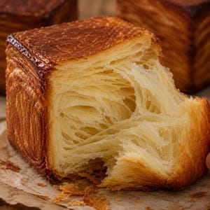 May include: Close-up of a square pastry with a golden-brown, flaky exterior and a light, layered interior. The pastry is partially torn, revealing the delicate, airy layers. The pastry sits on a piece of parchment paper.