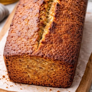 May include: A freshly baked loaf of banana bread, golden brown with a cracked top, rests on parchment paper atop a wooden cutting board. The bread's texture is coarse and inviting, suggesting a moist interior. A banana is visible in the background.