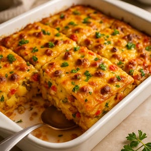 May include: A baked casserole in a white rectangular dish. The dish is cut into squares, with a golden-brown, bubbly cheese topping. Red peppers and green herbs are visible. A gold spoon rests in the dish, with a portion removed.