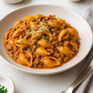 Może przedstawiać: Biała miska wypełniona makaronem w kształcie muszli w bogatym, pomarańczowo-czerwonym sosie, wymieszanym z mielonym mięsem. Ozdobiona startym serem i świeżą pietruszką. Prosty, ale pyszny posiłek.