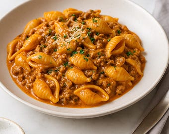 Receita de Carne Cremosa com Conchas | PDF para Imprimir Jantar de Massa | Refeição Caseira em Uma Panela Só