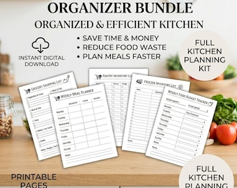 Puede incluir: Un paquete completo de organización de cocina con páginas imprimibles que incluyen una lista de compras, planificador de comidas semanal, inventario de despensa, inventario de congelador y un rastreador de presupuesto de alimentos.