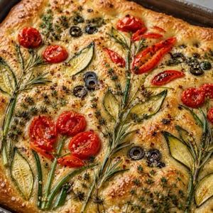 May include: Close-up of a focaccia bread decorated with fresh ingredients. The bread is adorned with halved cherry tomatoes, sliced olives, rosemary sprigs, and zucchini slices, arranged in a floral pattern. The bread has a golden-brown crust.