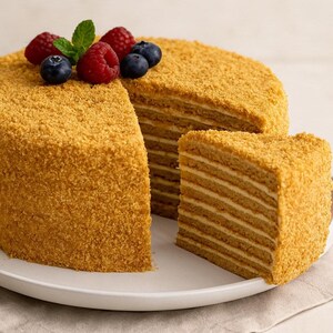 Op de afbeelding: Een gelaagde honingcake met een uitgesneden stuk, gepresenteerd op een wit bord. De cake is gegarneerd met verse frambozen, blauwe bessen en muntblaadjes. De lagen van de cake zijn zichtbaar, met een lichtgekleurde vulling.
