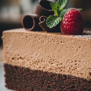 Op de afbeelding: Een stuk chocoladetaart met een lichtbruine mousse topping. Versierd met een verse rode framboos, muntblaadjes en chocoladekrullen. De taart heeft een donkerbruine, dichte bodemlaag en een lichtere, luchtige bovenlaag.