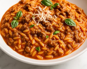 Receita de Orzo Cremoso com Carne Moída | Jantar Rápido e Fácil para a Semana | Download Digital para Imprimir