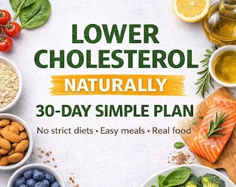 Pdf-gids voor een dieet met een laag cholesterolgehalte met te vermijden voedingsmiddelen, 30-dagen-maaltijdschema en recepten