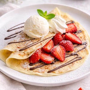 May include: A dessert crepe on a white plate, filled with sliced strawberries and drizzled with chocolate sauce. A scoop of vanilla ice cream and whipped cream are on top, garnished with a mint sprig. Icing sugar is sprinkled over the dessert.