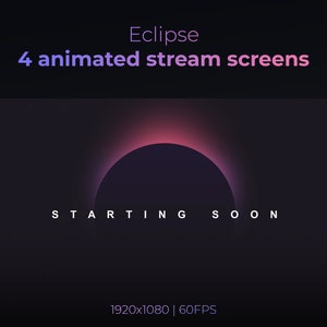 May include: A dark purple background with a large black circle in the center. The circle has a pink and purple glow around it. The text "STARTING SOON" is written in white below the circle. The text "1920x1080 | 60FPS" is written in white at the bottom of the image.