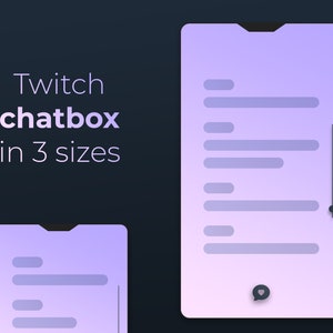 Peut inclure: Une interface de boîte de discussion Twitch de couleur violette et blanche avec une barre de défilement et une icône de bulle de discussion. Le texte "Twitch chatbox in 3 sizes" est affiché au-dessus de la boîte de discussion.