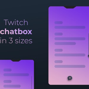 Op de afbeelding: Een paarse en roze verloopchatbox met een witte chatbubble onderaan. De chatbox heeft een zwarte rand en een zwarte schuifregelaar aan de rechterkant. De tekst "Twitch chatbox in 3 sizes" wordt in wit weergegeven op een donkerblauwe achtergrond.