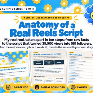 May include: A digital guide titled Anatomy of a Real Reels Script, featuring a 12-page PDF layout with blue text on a white background. The design includes yellow flower patterns, a blue smiley face flower, a silver star, and pink hearts.
