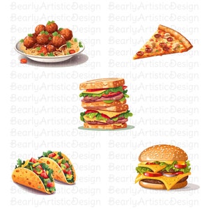 Food Clipart Set, 20 Different Food Dishes PNG Clip Art, Burger, Taco, Pasta, Steak, etc
