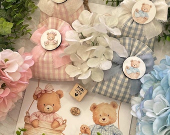 Sac sur mesure « Révélation du sexe » rose poudré et bleu pastel avec aimant ourson