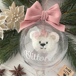 Pallina Personalizzata con Orsetto Bianco in Tessuto e Fiocco Rosa