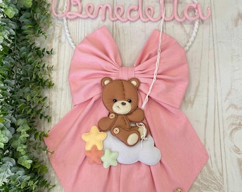 Pink Baby Girl Birth Ribbon with Tricotin Name and Teddy Bear on Cloud