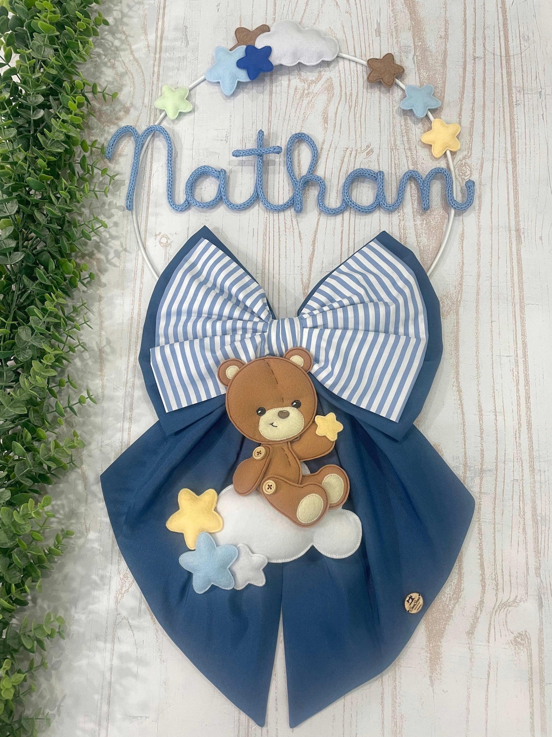 Blue Baby Boy's Birth Ribbon With Double Bow, Knit Name, and Teddy Bear ...