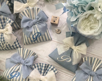 Dusty Blue and Cream Tailored Bag with Initial Embroidery