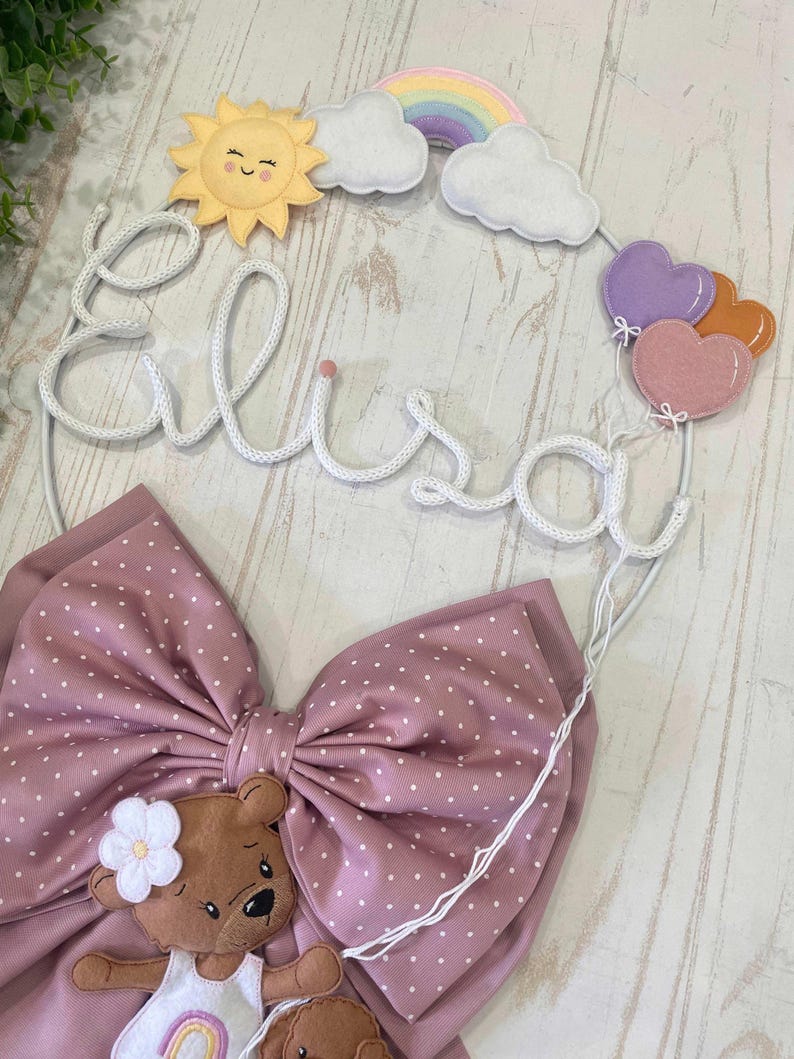 Antique Pink Baby Girl's Birth Ribbon With Tricotin Name, Teddy Bear ...