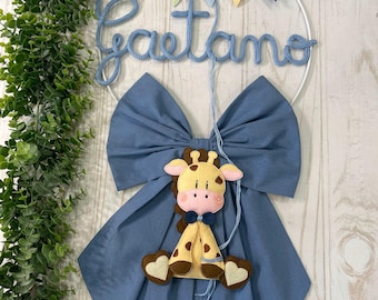 Blue Birth Ribbon with Name in Tricotin and Giraffe with Balloons