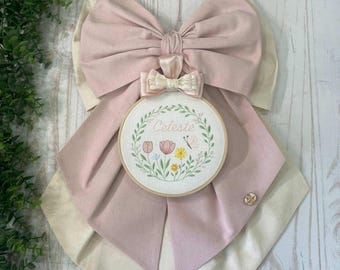 Powder Pink and Cream Birth Bow with Embroidered Frame