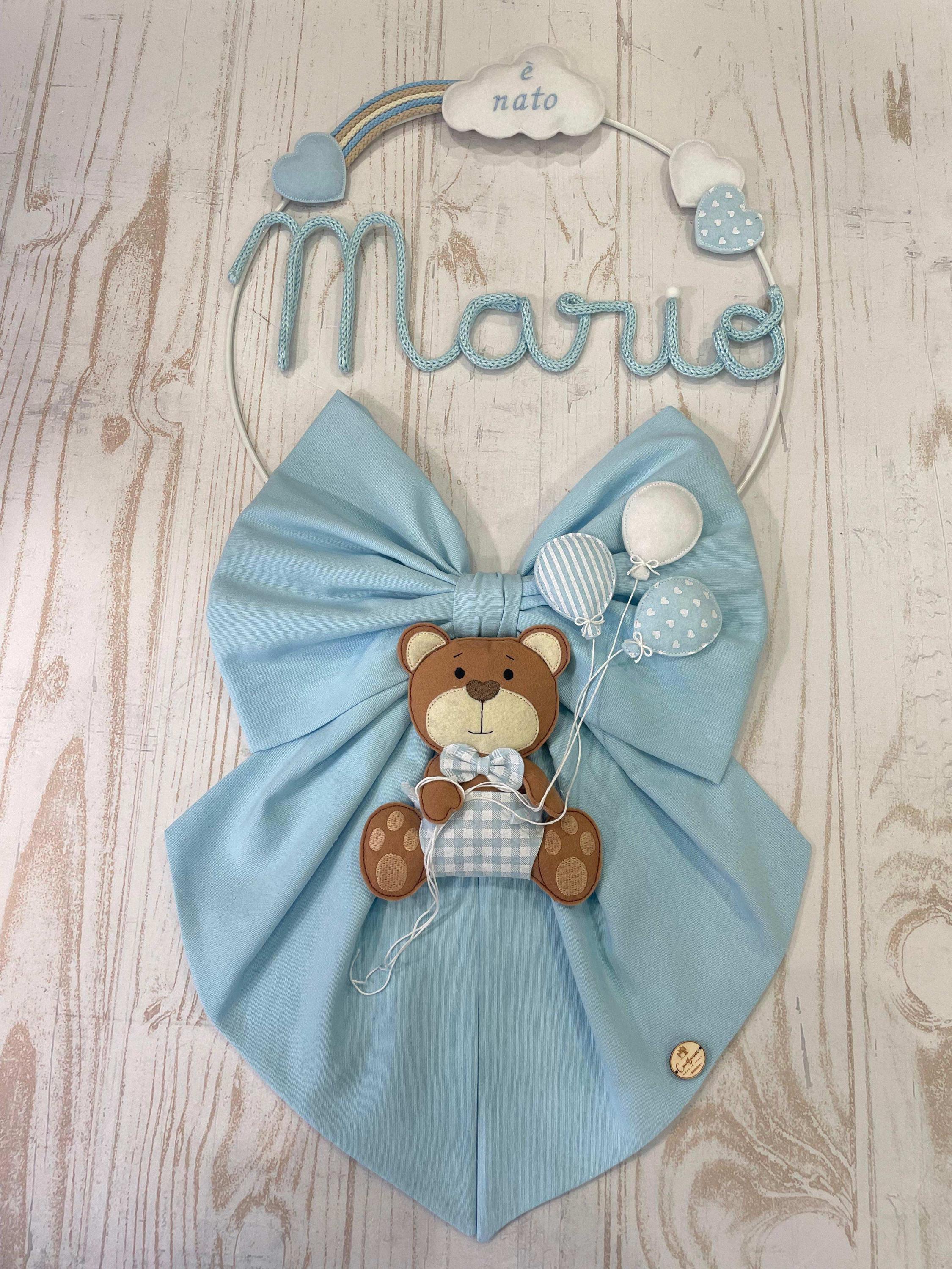 Blue Baby Boy Birth Bow With Tricotin Name and Teddy Bear With Heart - Etsy, image size:2250x3000