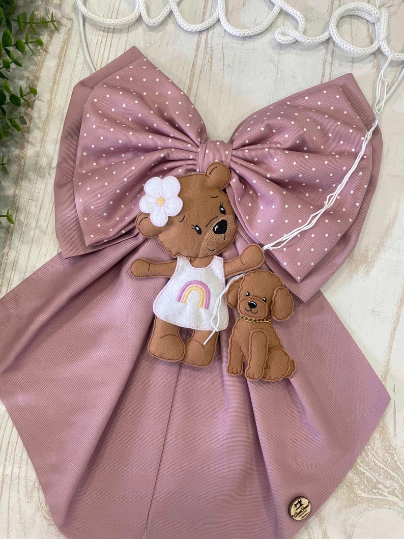 Antique Pink Baby Girl's Birth Ribbon With Tricotin Name, Teddy Bear ...