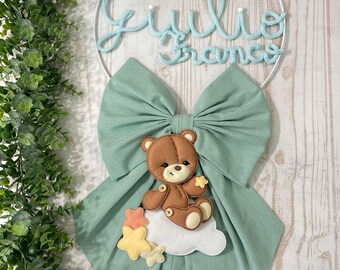 Mint Green Baby Boy Birth Bow 703 with Tricotin Name and Teddy Bear on Cloud