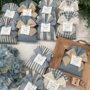 Powder Blue and Cream Tailored Bag with Personalized Tag and Fringed Ribbon