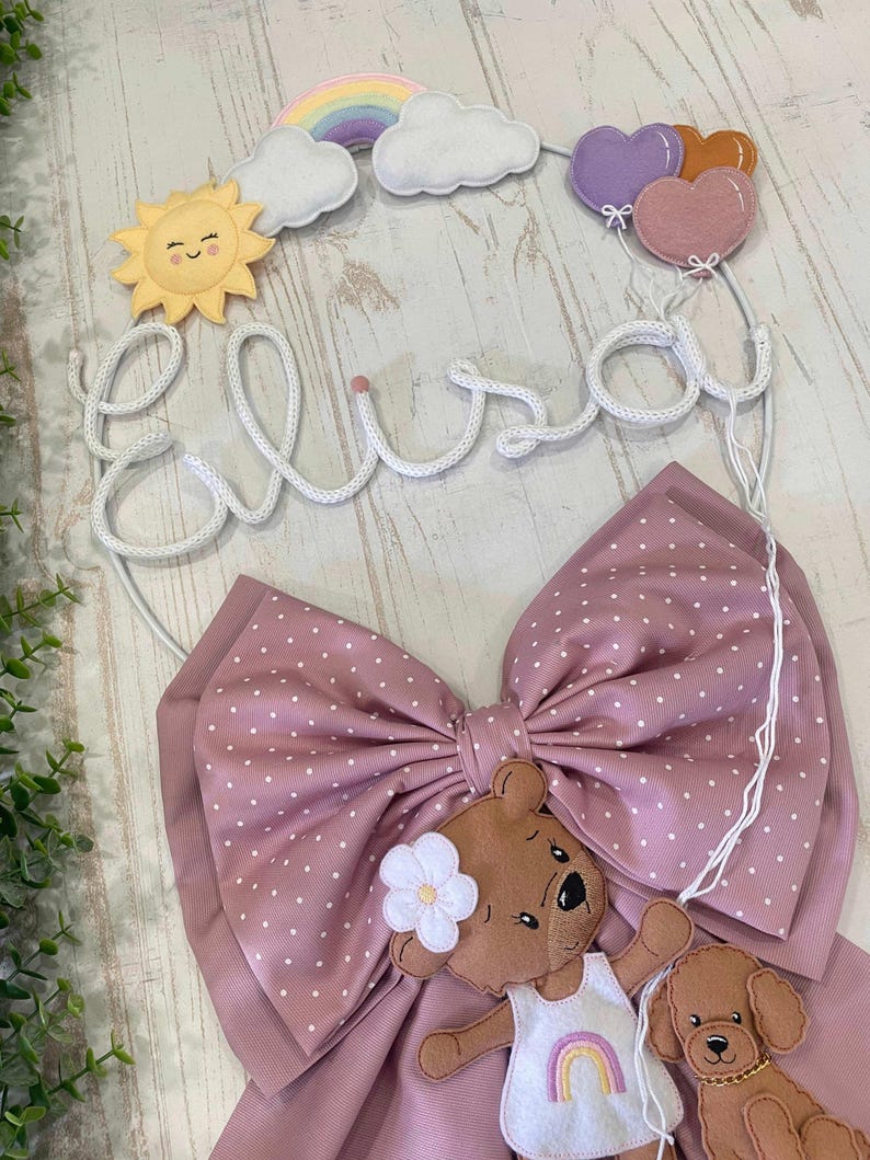 Antique Pink Baby Girl's Birth Ribbon With Tricotin Name, Teddy Bear ...