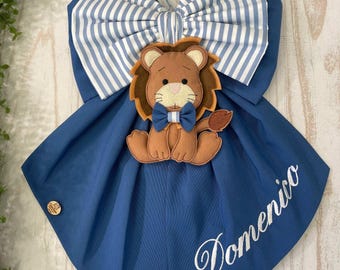 Blue Birth Ribbon with Name and Lion Embroidery