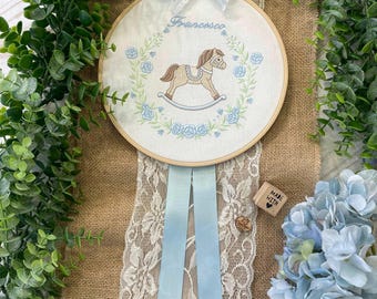 Birth Ribbon Embroidery Frame Rocking Horse and Celeste Name
