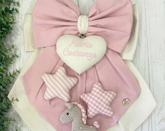 Baby Pink and Cream Birth Bow with Embroidered Heart, Stars and Amigurumi Horse