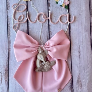 Pink Baby Girl Birth Bow with Fawn, Flowers and Name in Tricotin