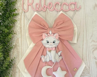 Antique Pink Baby Girl's Birth Bow with Double Bow, Name in Tricotin and Minou