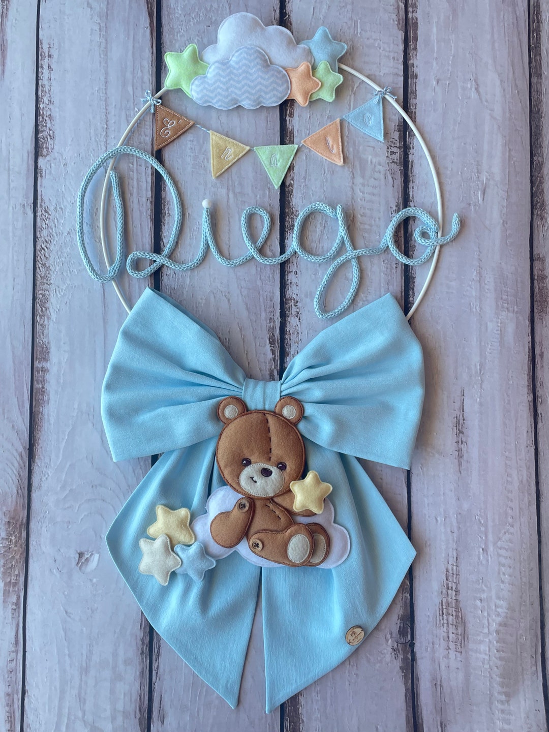 Blue Baby Boy's Birth Ribbon With Tricotin Name and Teddy Bear on Cloud ...