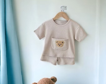 Lindo bebé oso 2 piezas conjunto de verano, combo de camiseta y pantalones cortos para niños pequeños, ropa de verano para bebés, ropa de oso, ropa para niños