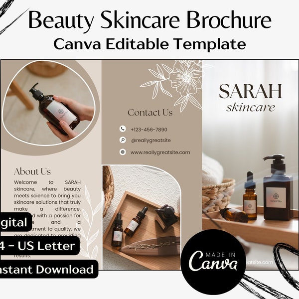Skincare Brochure Template Beauty Flyer Canva Template Editable Tri-fold Brochure Beauty Salon Marketing Small Business Branding Spa Service