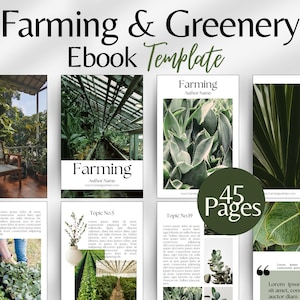 Pode incluir: Um modelo de e-book verde e branco para um guia de agricultura e vegetação. A capa apresenta uma foto de uma estufa com plantas e o título "Farming" com o nome do autor. O modelo inclui 45 páginas e apresenta várias imagens de plantas e vegetação.
