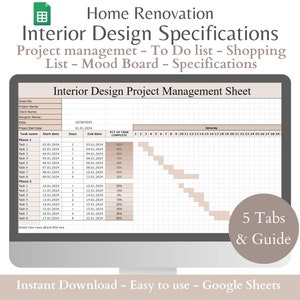 Plantilla de especificaciones de diseño de interiores Hojas de cálculo de gestión de proyectos de diseño de interiores de FFE Tablero de ideas para la renovación del hogar Presentación del cliente