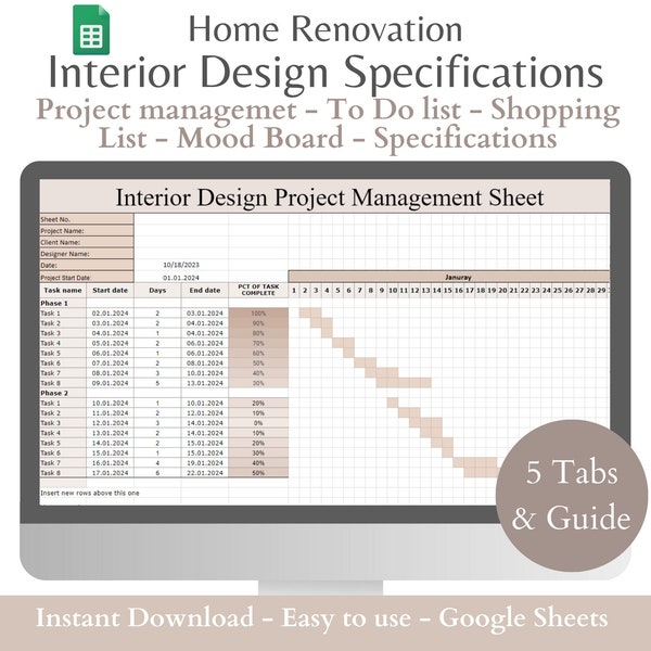 Interior Design Specifications Template FFE Interior Designer Project Management Spreadsheets Home Renovation Mood Board Client Presentation