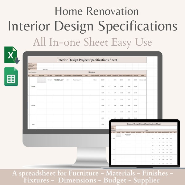 Interior Design Specifications Spreadsheet Home Renovation Interior Project Planner Budget Tracker Home Schedule Excel Google Sheet Template