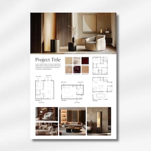 May include: A design presentation featuring interior design elements. The image includes a neutral-toned armchair, a floor plan, and material swatches. The text "Project Title" is displayed at the top of the page. The overall theme is modern interior design.