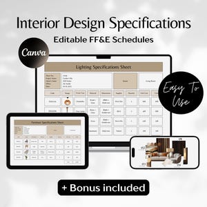 Pode incluir: Um modelo digital de design de interiores com o texto "Interior Design Specifications" e "Editable FF&E Schedules". A imagem mostra um laptop, tablet e telefone exibindo folhas de design. O logotipo da Canva e as palavras "Easy To Use" também são visíveis.