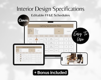 Interior Design Specifications Template, FFE Interior Design Canva Template, Floor Wall Finishes Schedule, Lighting Schedule, Plumbing Sheet