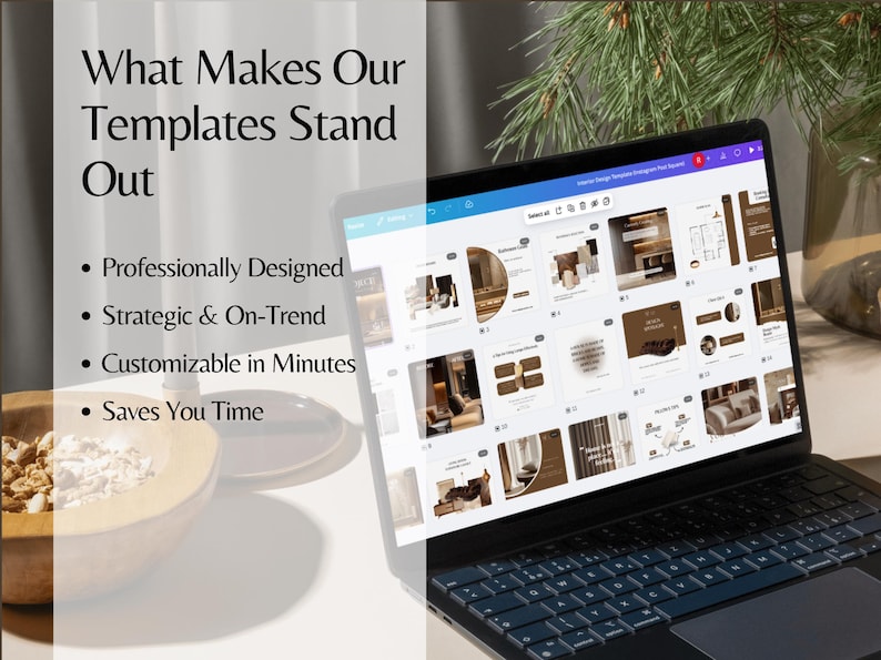 Pu&ograve; includere: Un laptop mostra modelli di design d'interni con uno schema di colori marrone e bianco. Lo schermo mostra "Interior Design Templates Instagram Post Pack". Il laptop &egrave; su una superficie bianca, con una ciotola di legno e testo: "What Makes Our Templates Stand Out".