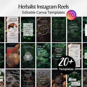 Puede incluir: Más de 20 plantillas de Instagram Reels para herboristas, con un diseño en verde oscuro y blanco. Las plantillas incluyen superposiciones de texto con temas como bienestar, remedios herbales y datos curiosos, con un logotipo de Instagram en la parte superior derecha.